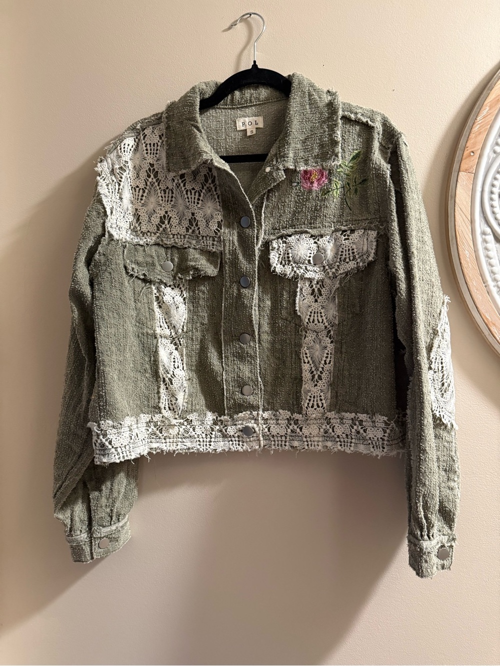 POL Olive Green Cropped Jacket with White Lace & Pink Rose Accent